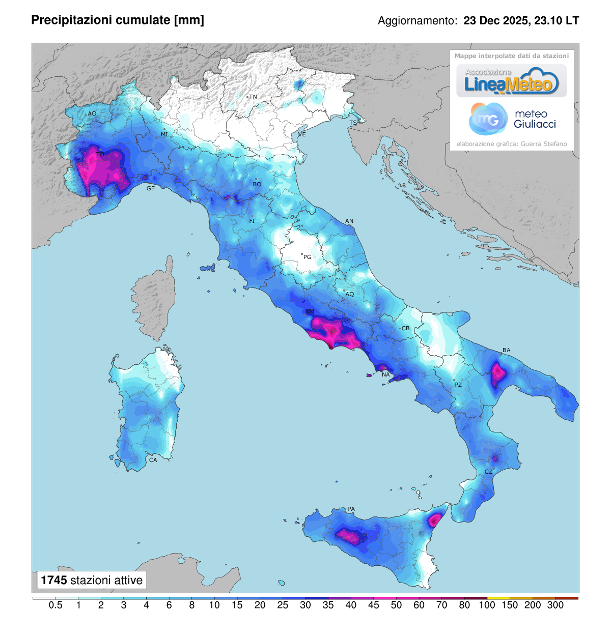 Precipitazioni accumulate oggi in Italia