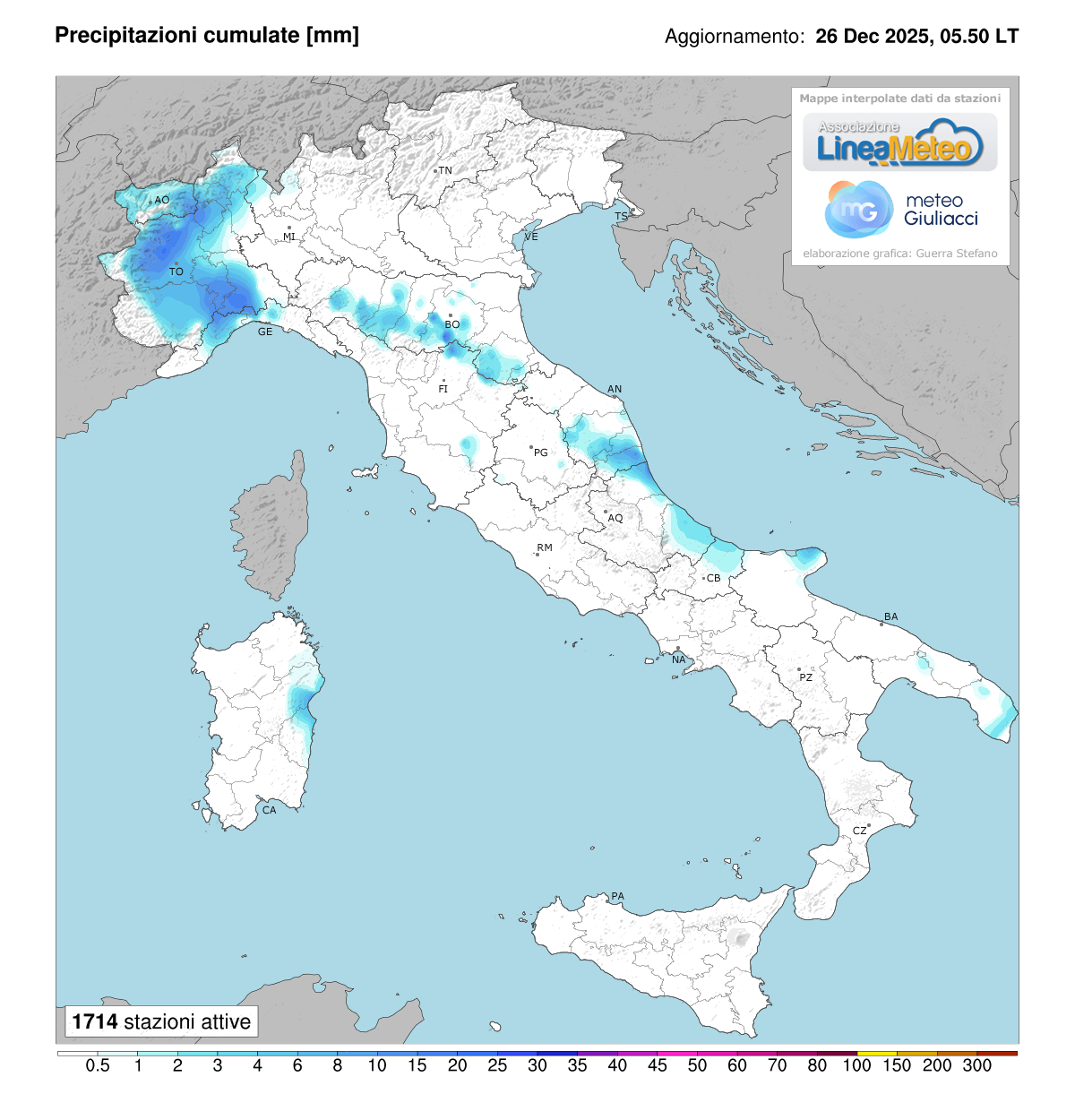 Precipitazioni accumulate oggi in Italia