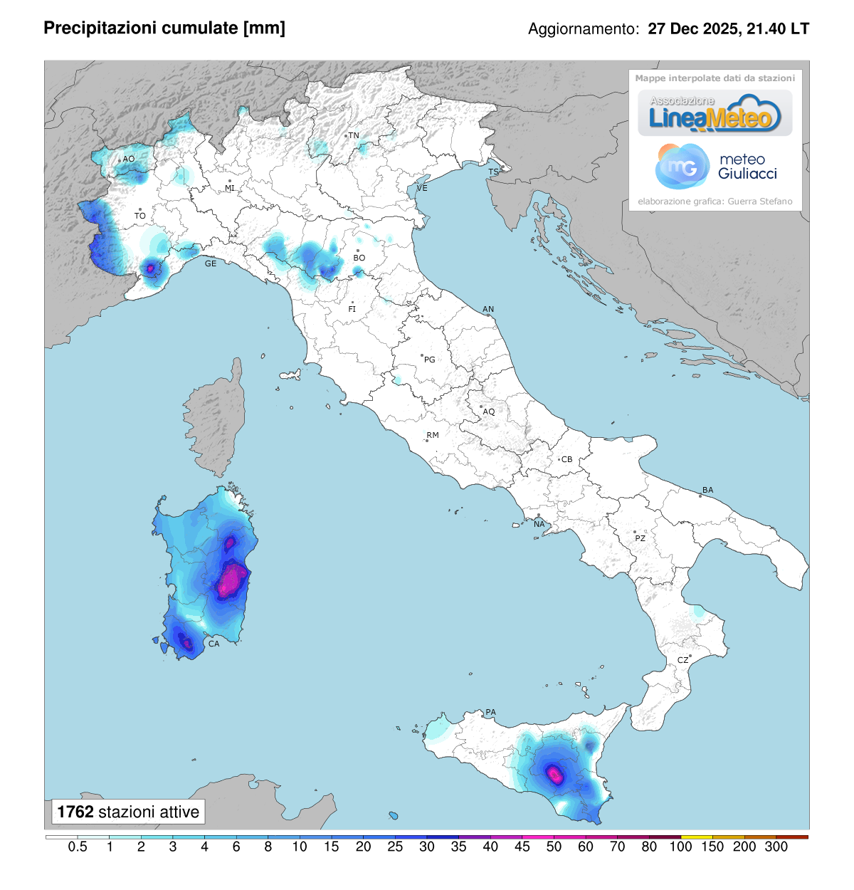 Precipitazioni accumulate oggi in Italia