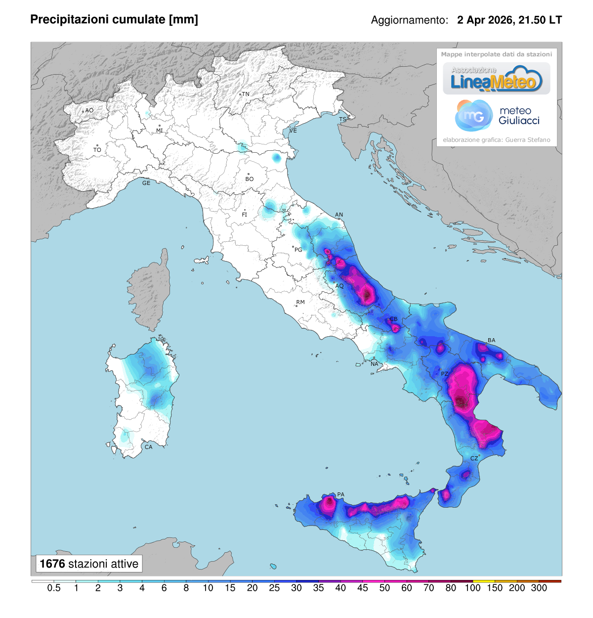 Precipitazioni accumulate oggi in Italia