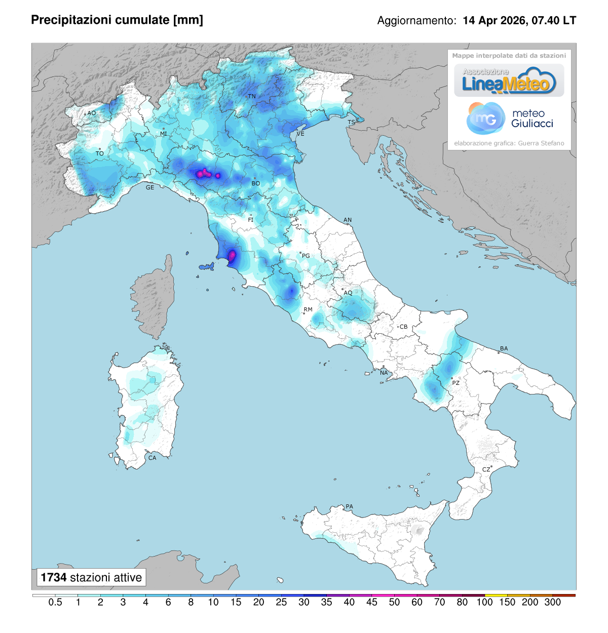 Precipitazioni accumulate oggi in Italia