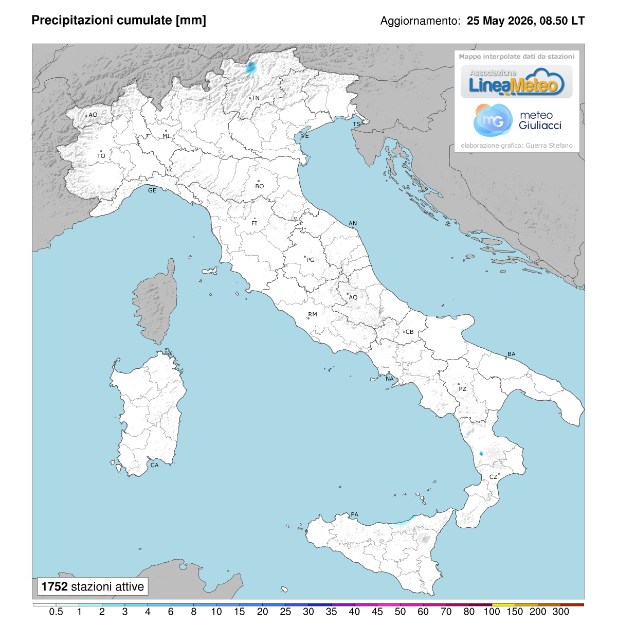 Precipitazioni accumulate oggi in Italia