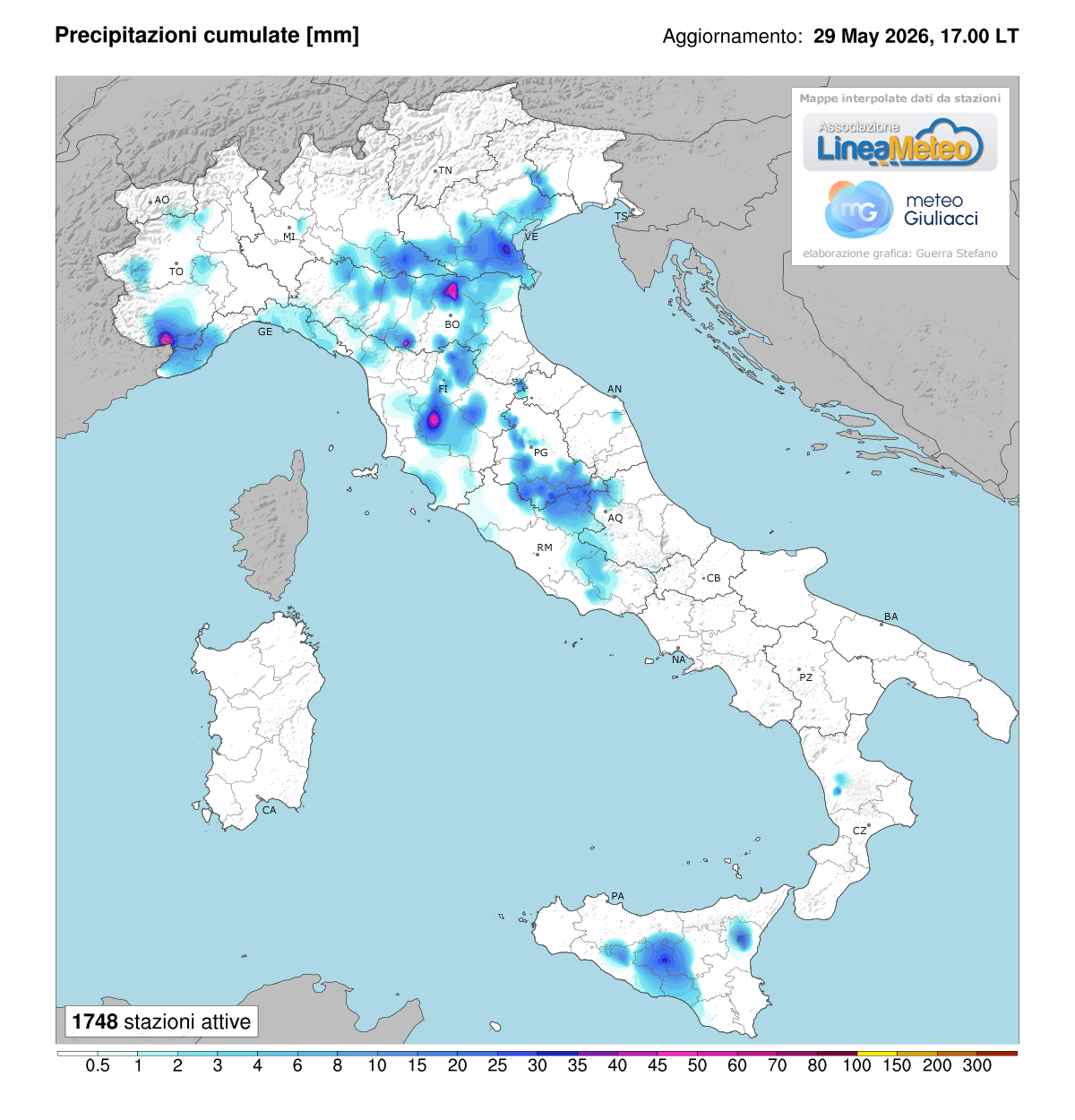Precipitazioni accumulate oggi in Italia