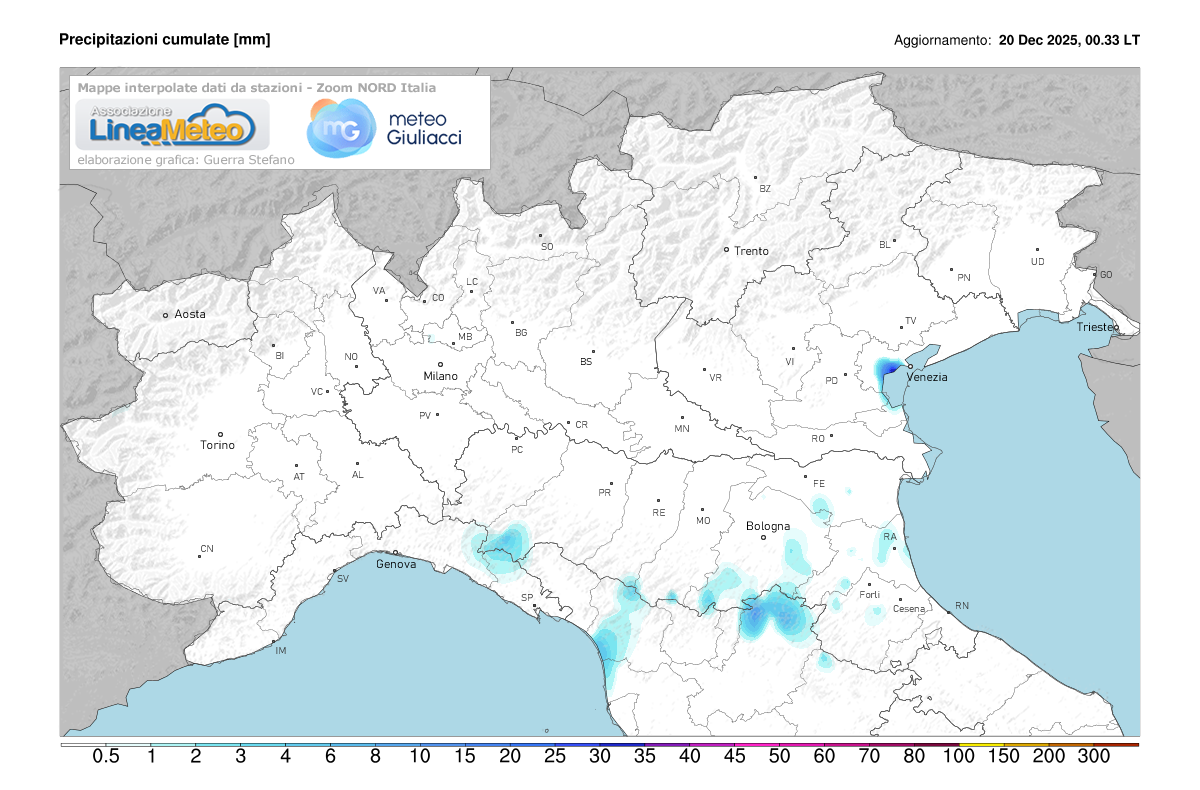 Precipitazioni accumulate oggi sulle regioni del nord
