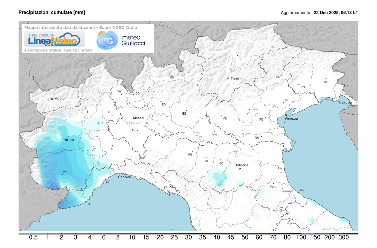 Precipitazioni accumulate oggi sulle regioni del nord