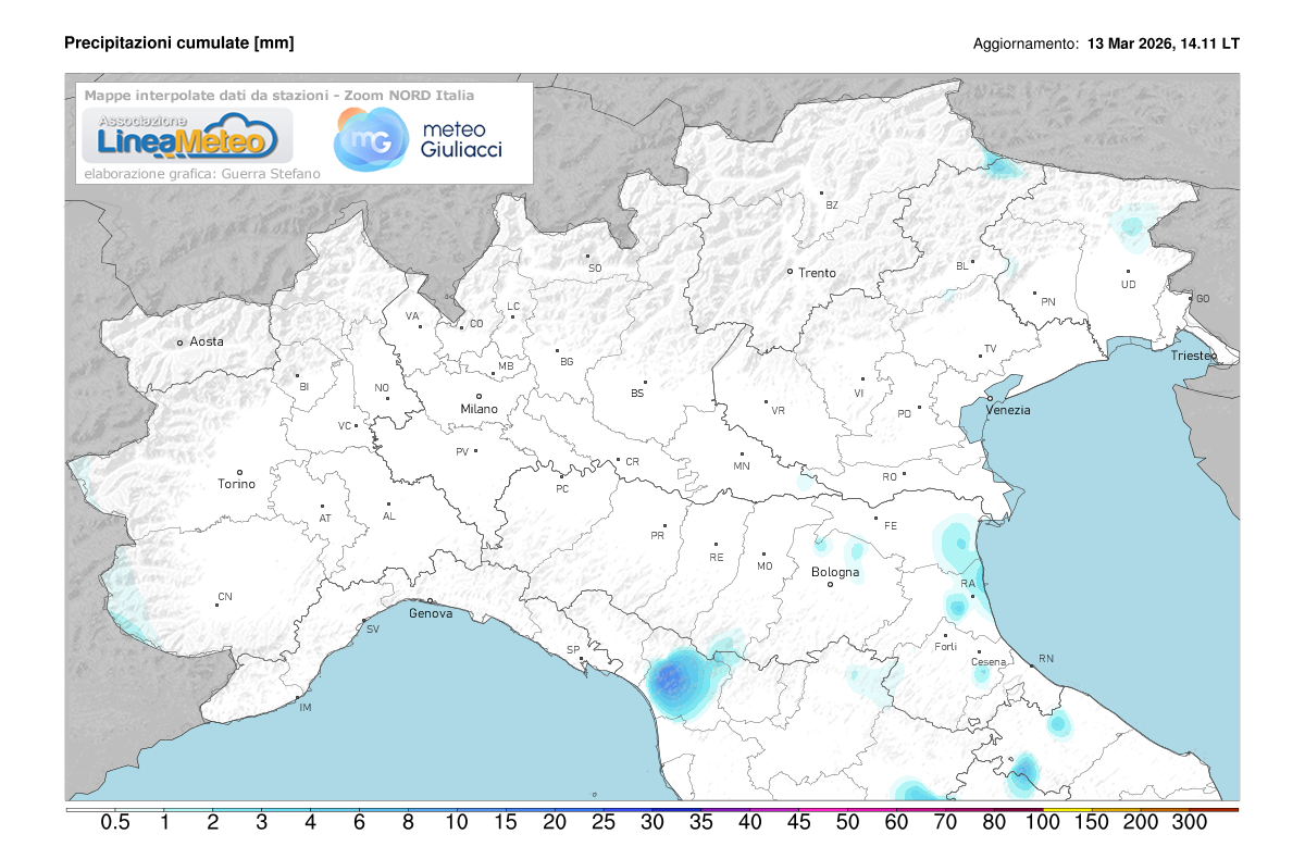 Precipitazioni accumulate oggi sulle regioni del nord