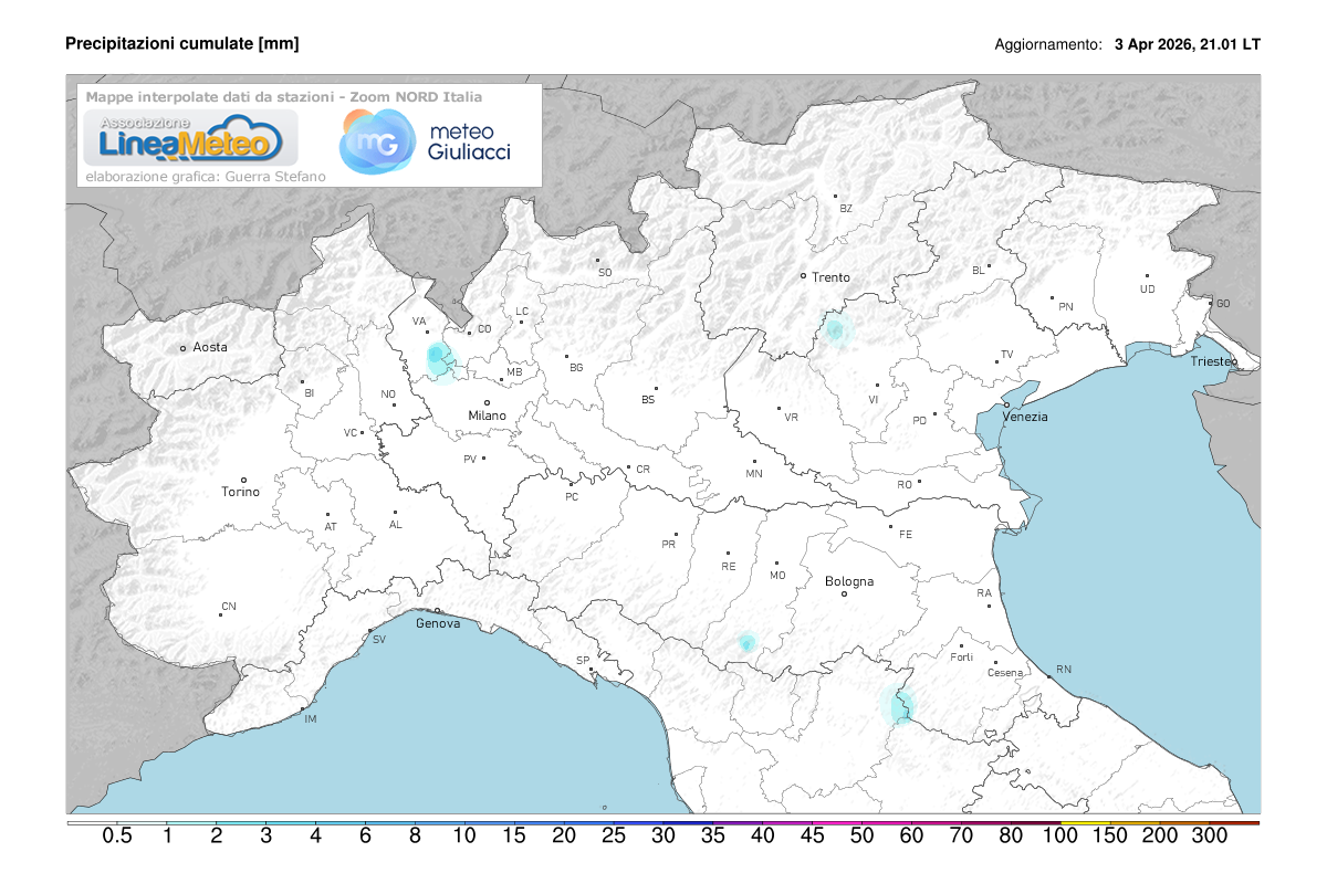 Precipitazioni accumulate oggi sulle regioni del nord