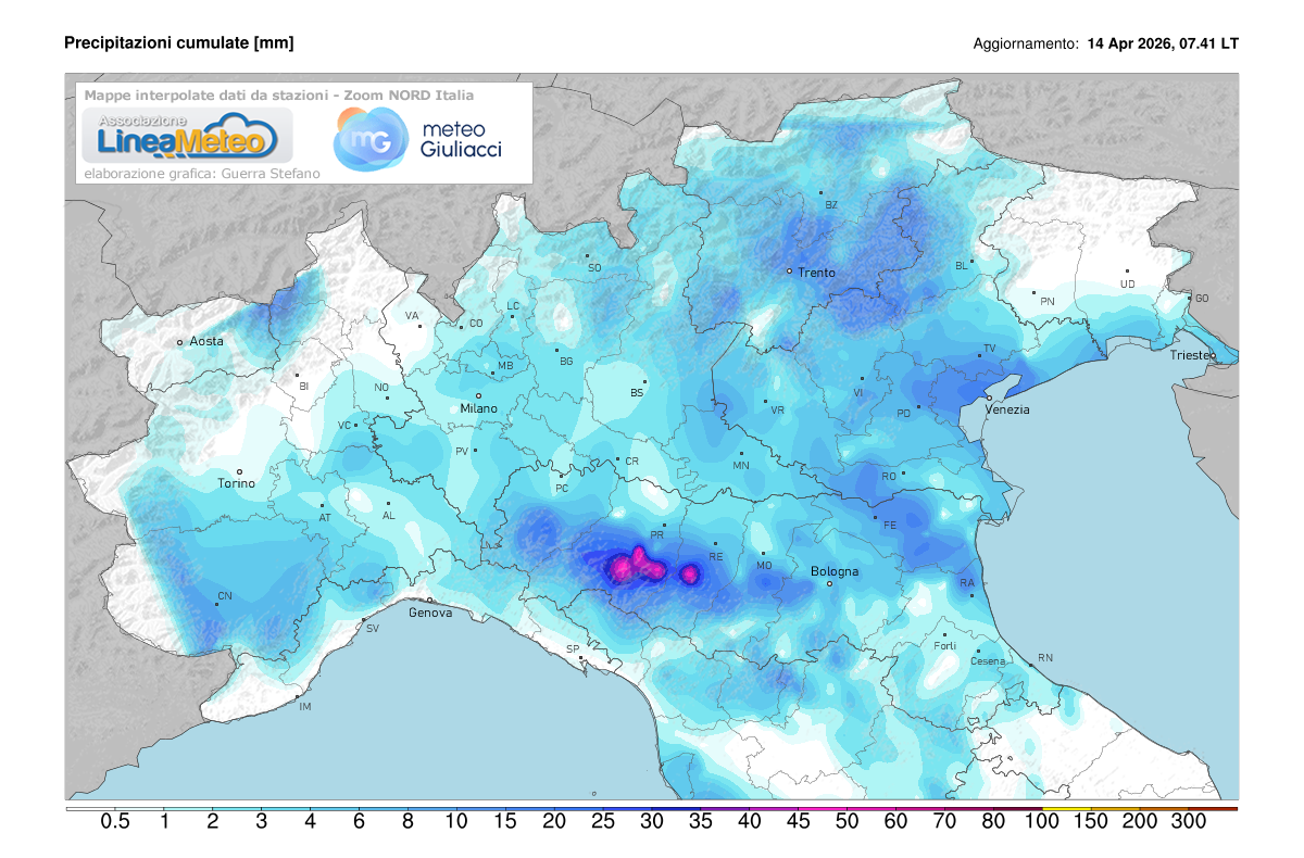 Precipitazioni accumulate oggi sulle regioni del nord