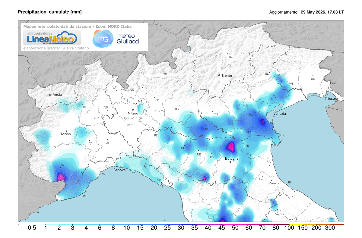 Precipitazioni accumulate oggi sulle regioni del nord