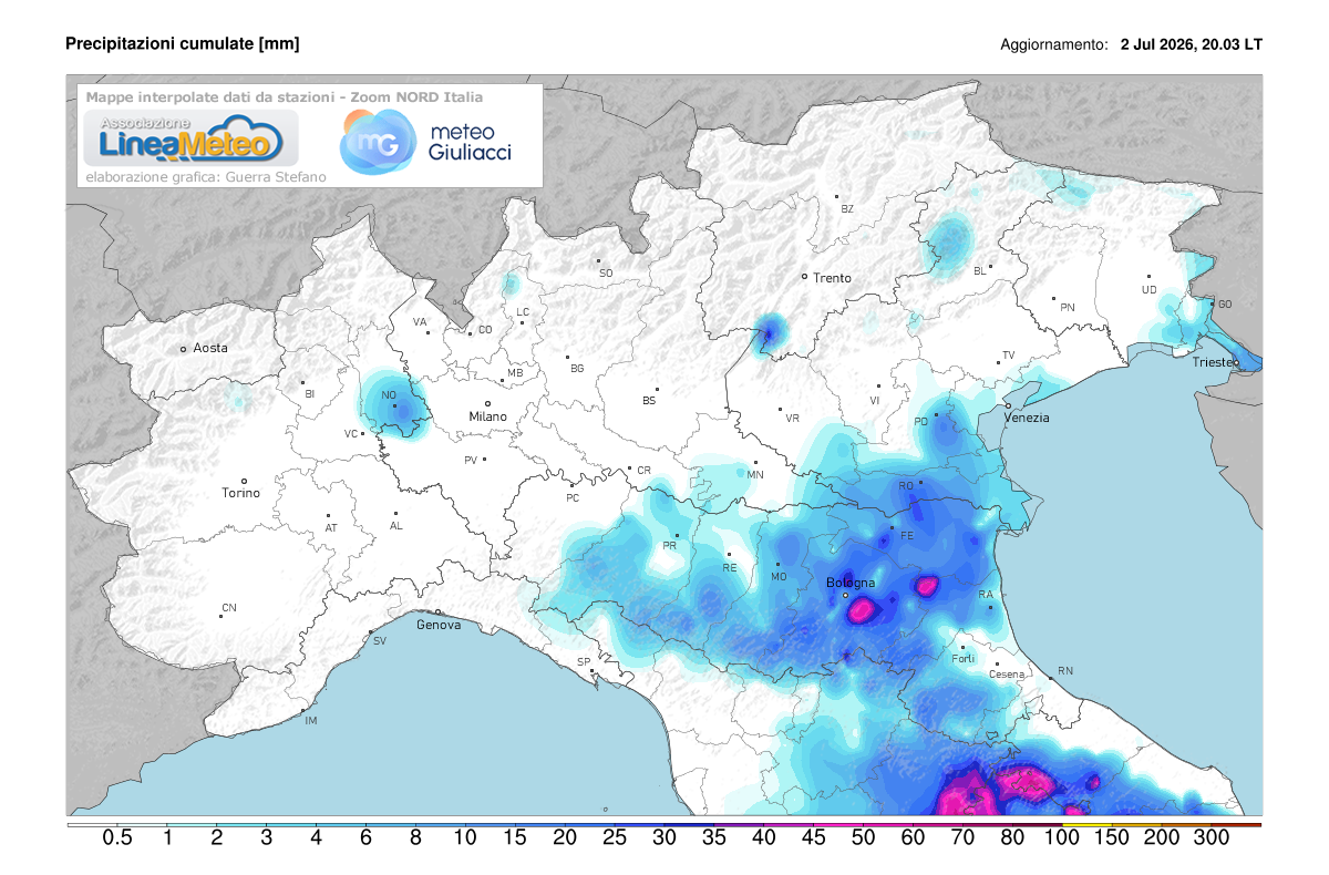 Precipitazioni accumulate oggi sulle regioni del nord