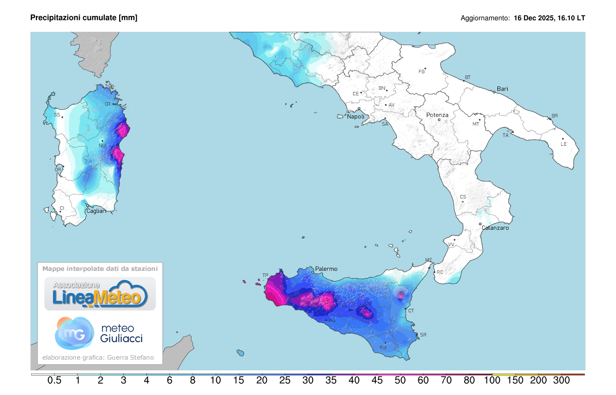 Precipitazioni accumulate oggi sulle regioni del sud