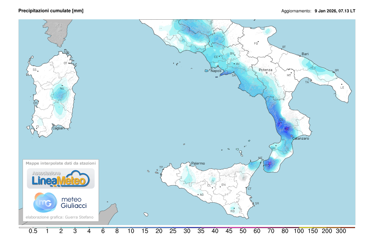 Precipitazioni accumulate oggi sulle regioni del sud