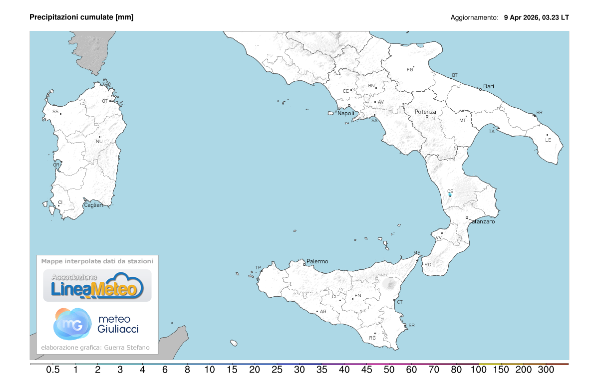 Precipitazioni accumulate oggi sulle regioni del sud