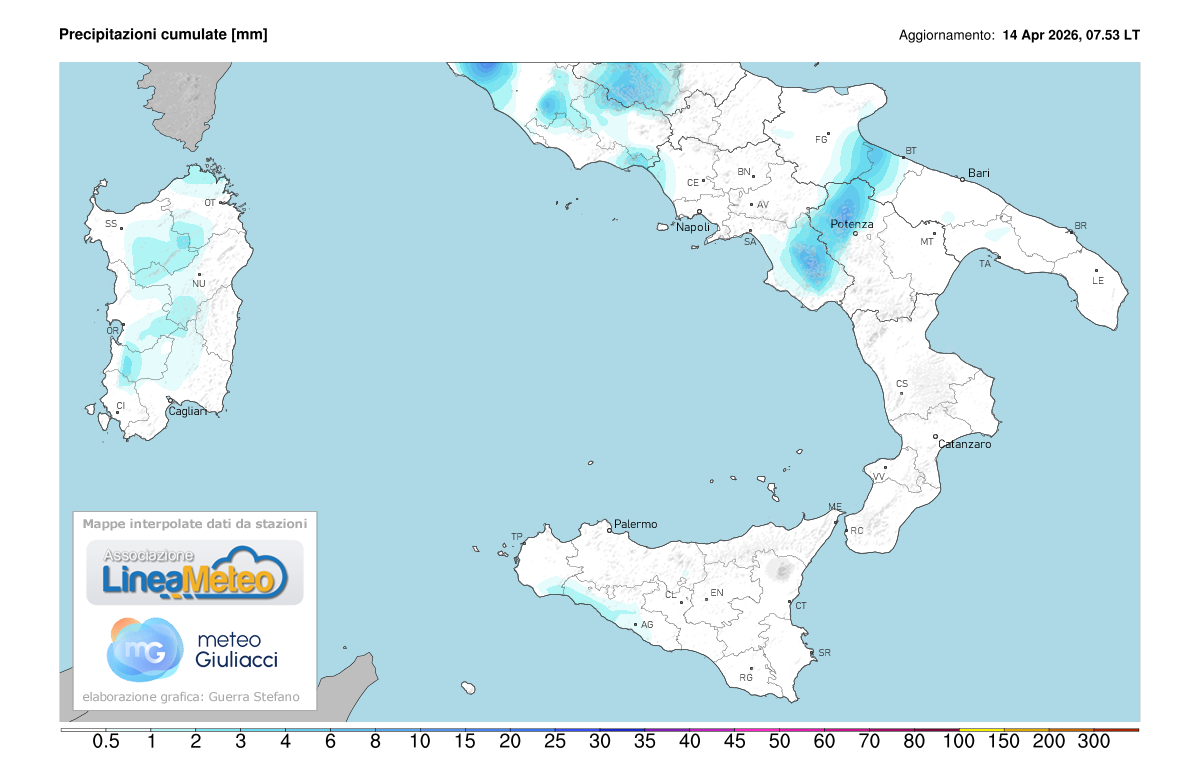 Precipitazioni accumulate oggi sulle regioni del sud