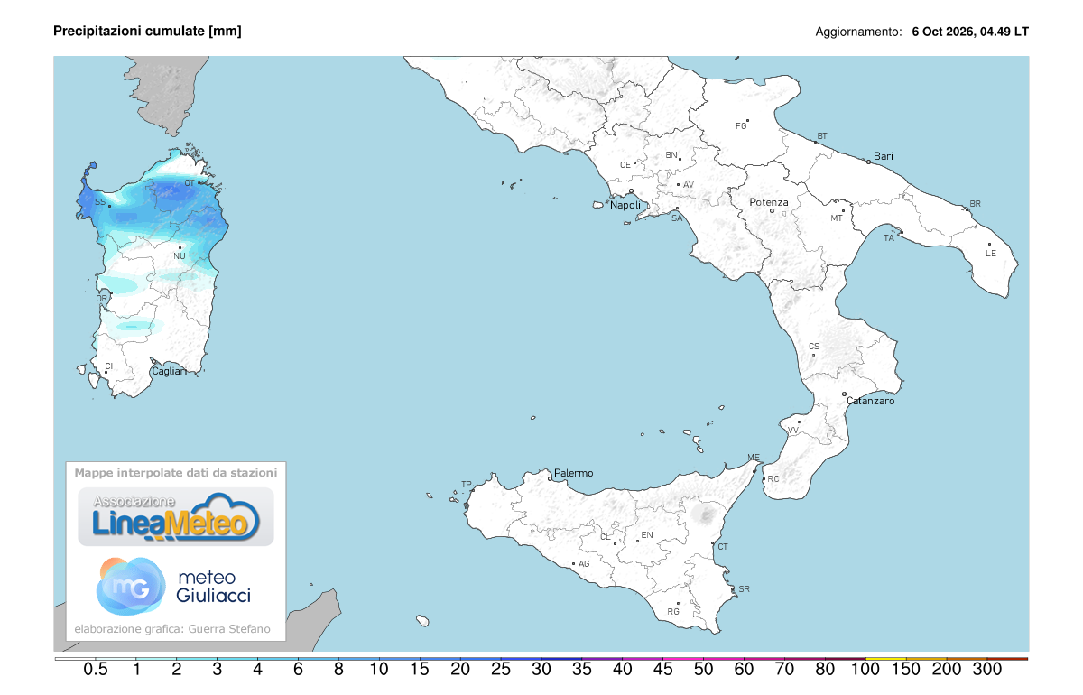 Precipitazioni accumulate oggi sulle regioni del sud