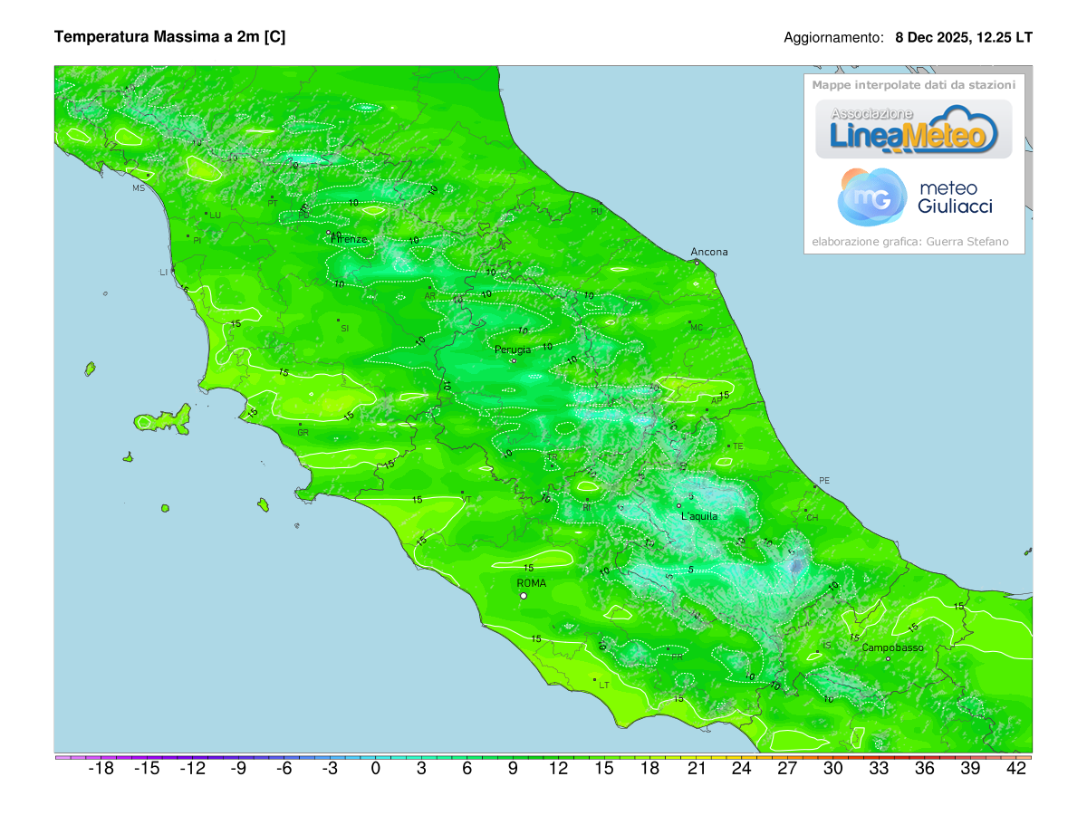 Temperature massime registrate oggi sulle regioni del centro