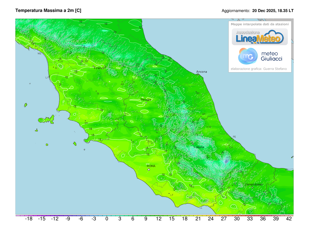Temperature massime registrate oggi sulle regioni del centro