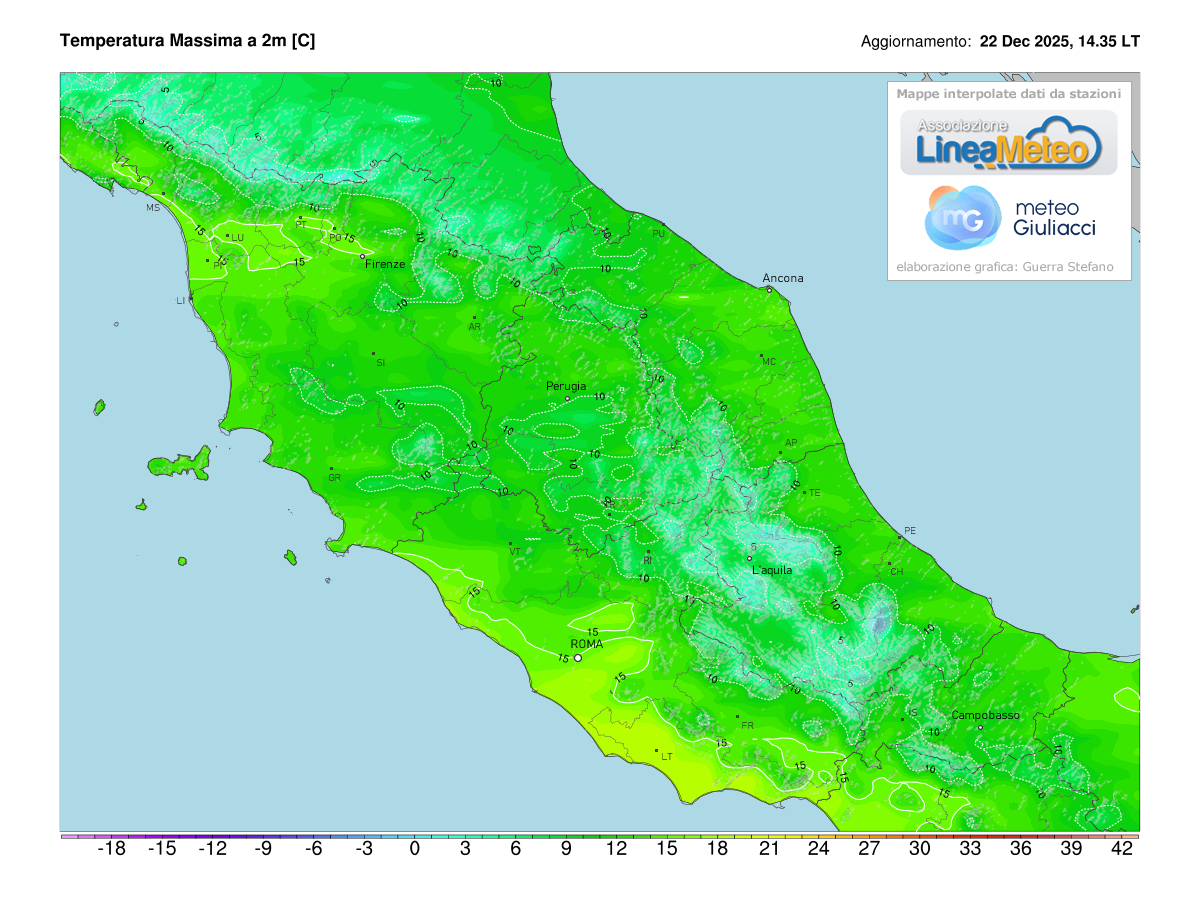 Temperature massime registrate oggi sulle regioni del centro