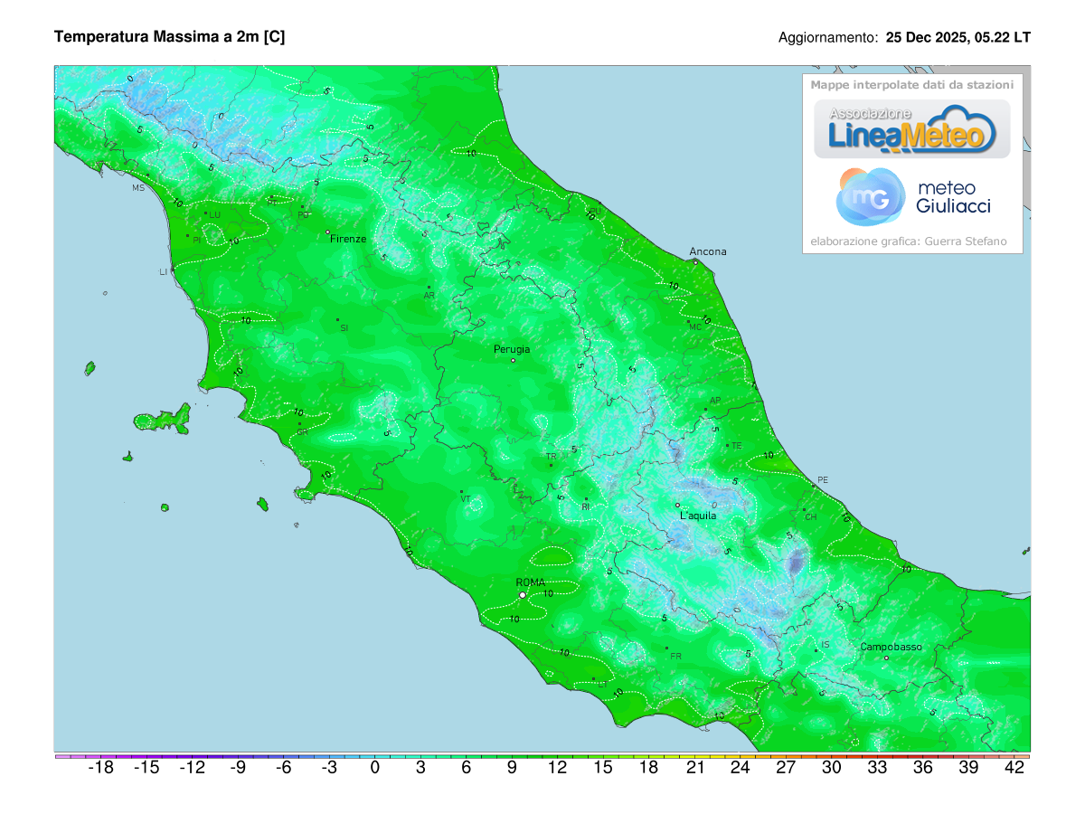Temperature massime registrate oggi sulle regioni del centro
