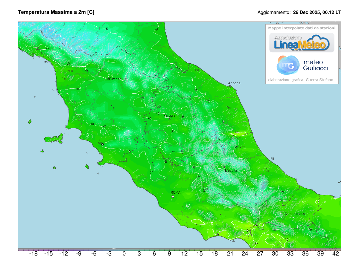 Temperature massime registrate oggi sulle regioni del centro