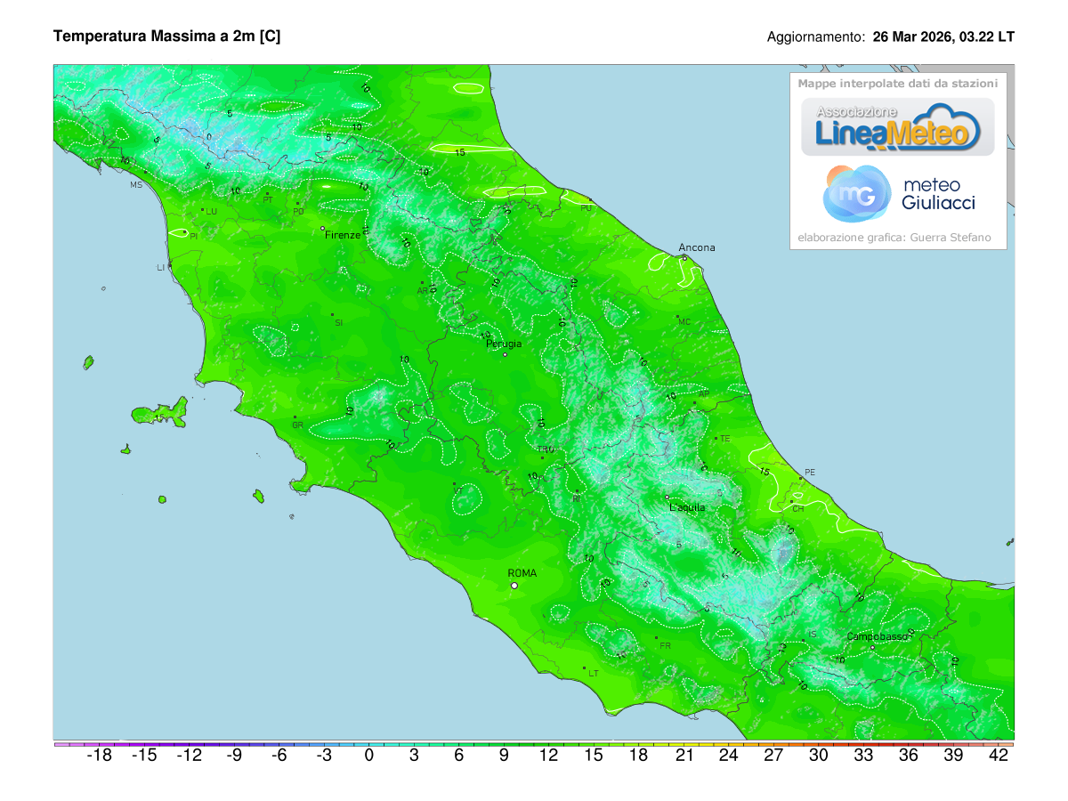 Temperature massime registrate oggi sulle regioni del centro