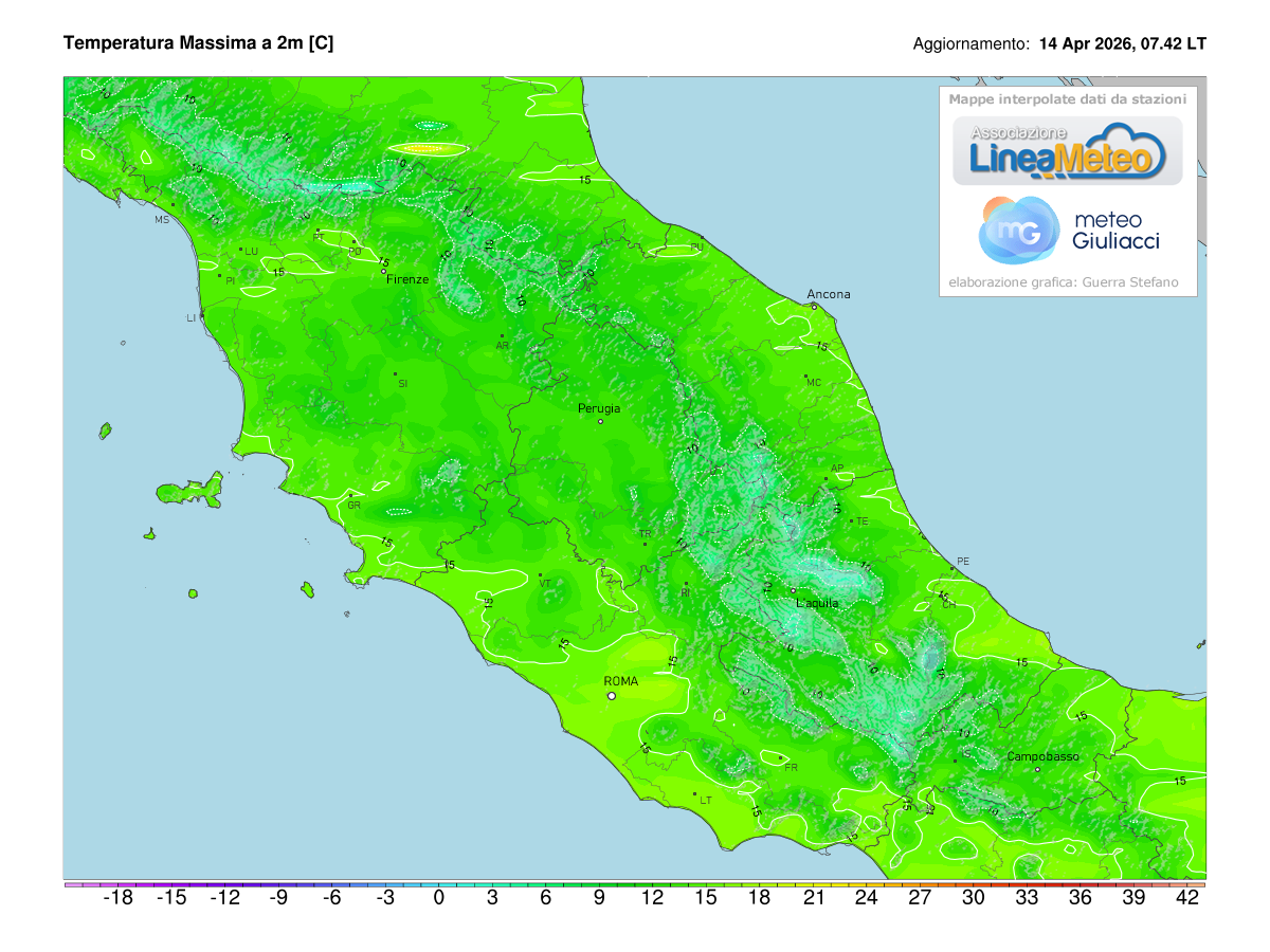 Temperature massime registrate oggi sulle regioni del centro