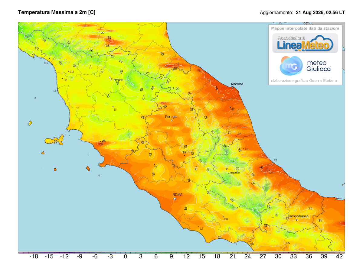 Temperature massime registrate oggi sulle regioni del centro