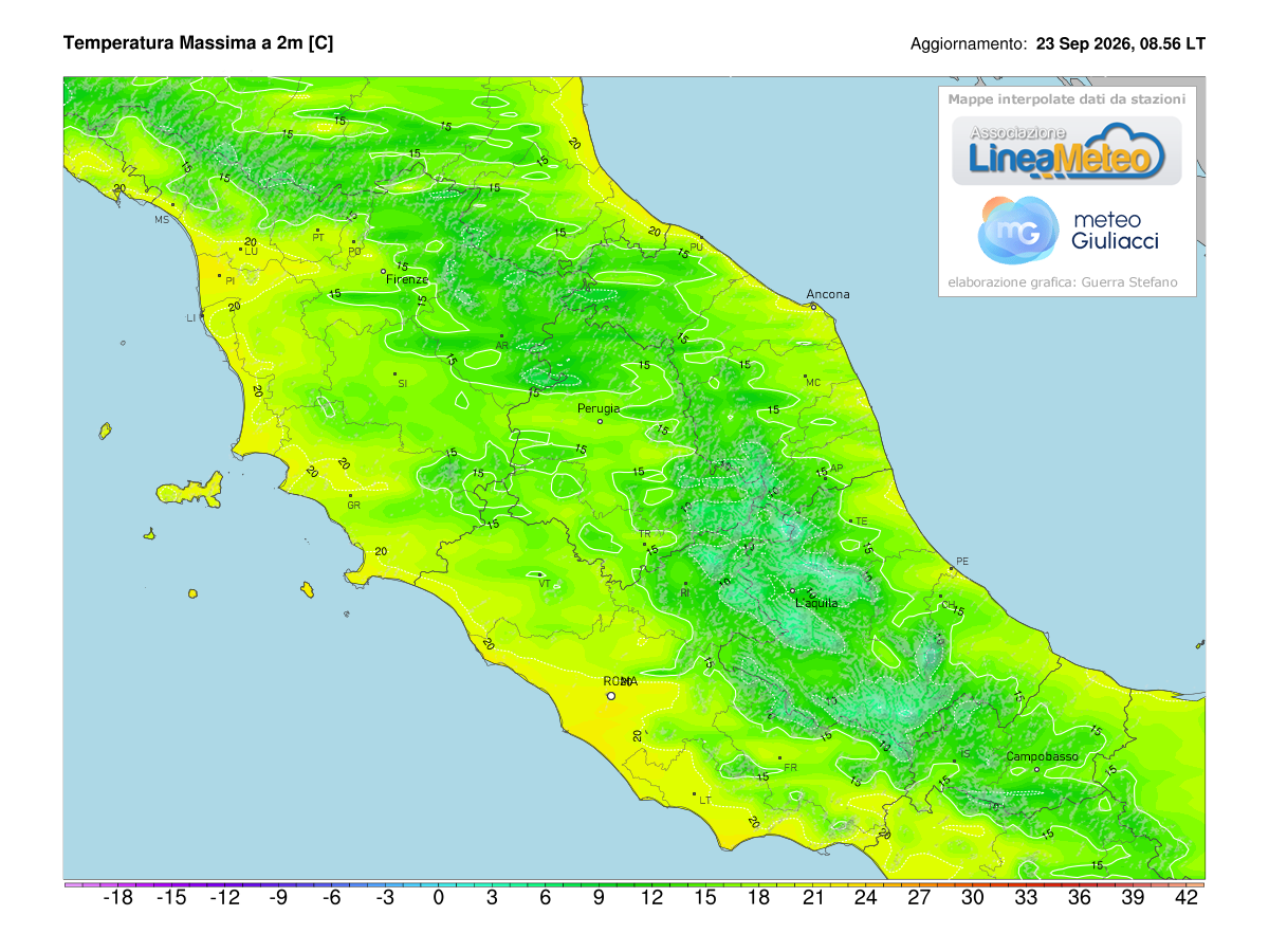Temperature massime registrate oggi sulle regioni del centro