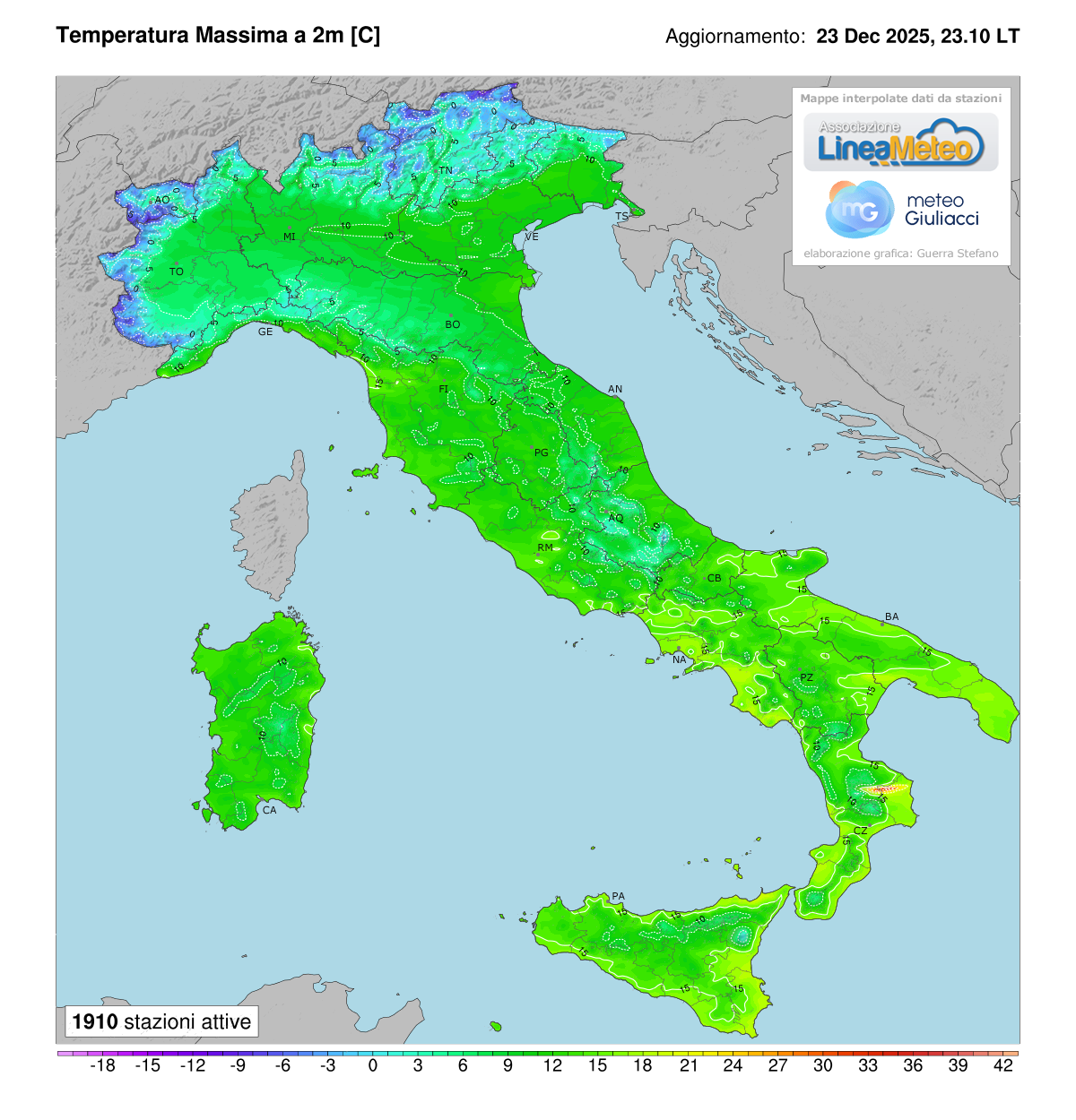 Temperature massime registrate oggi in Italia