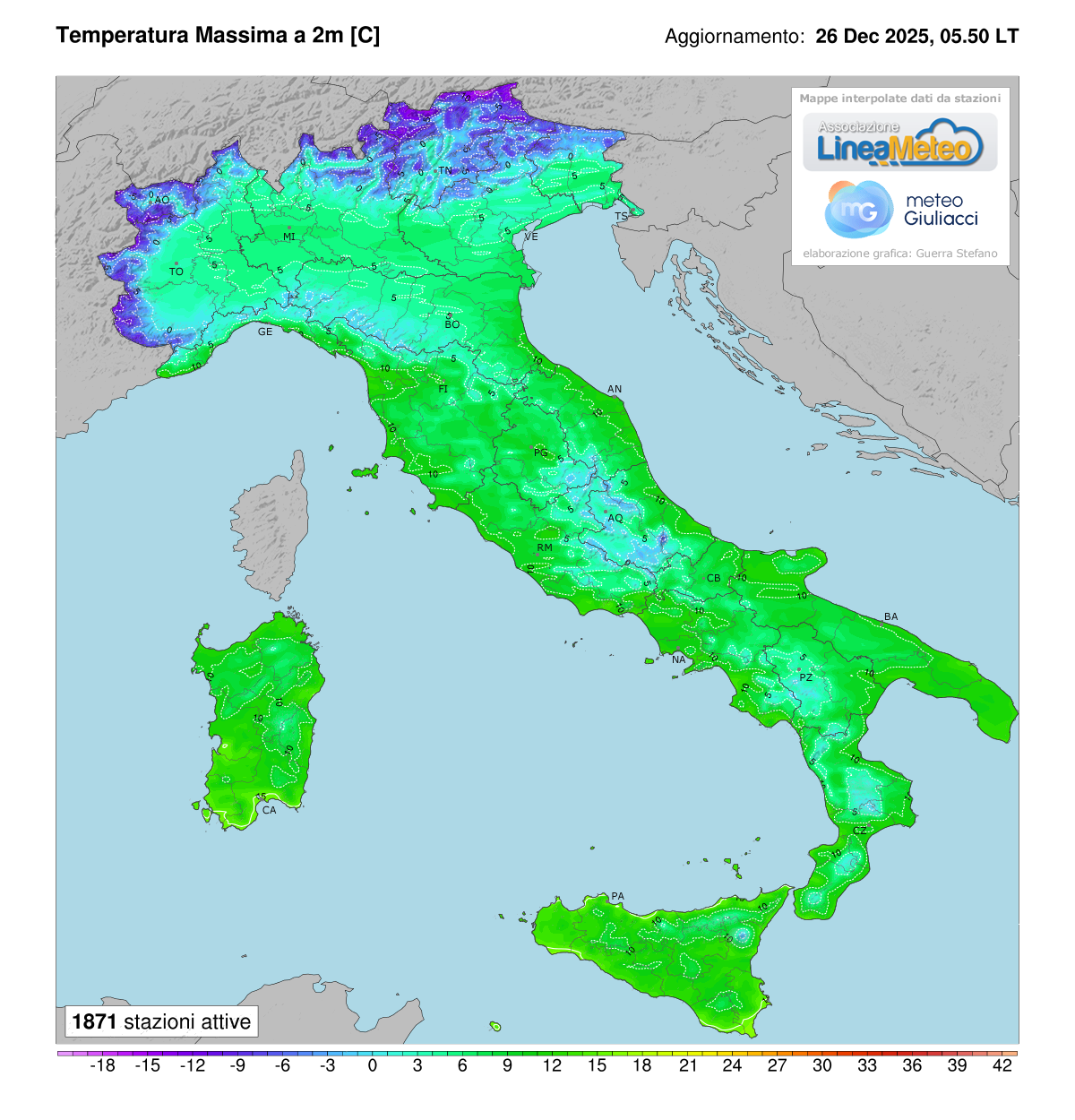 Temperature massime registrate oggi in Italia