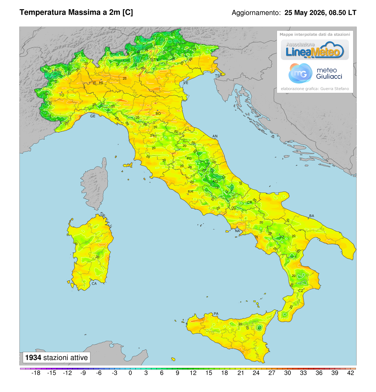 Temperature massime registrate oggi in Italia