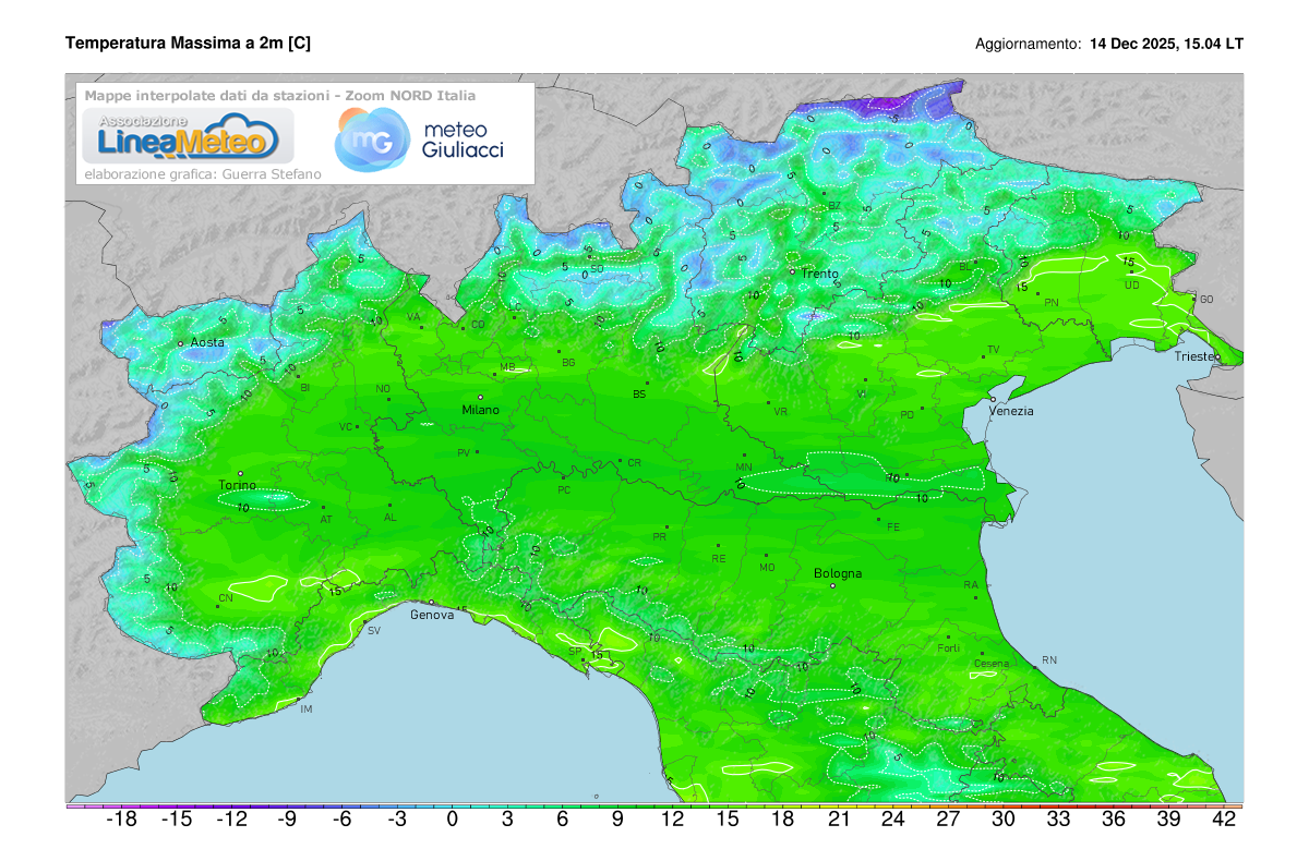 Temperature massime registrate oggi sulle regioni del nord