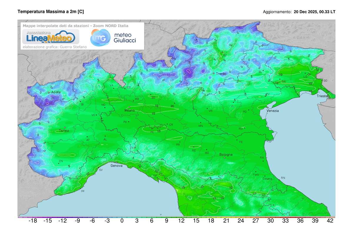 Temperature massime registrate oggi sulle regioni del nord