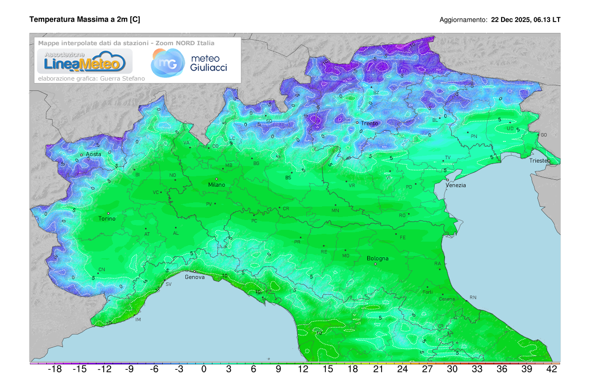 Temperature massime registrate oggi sulle regioni del nord