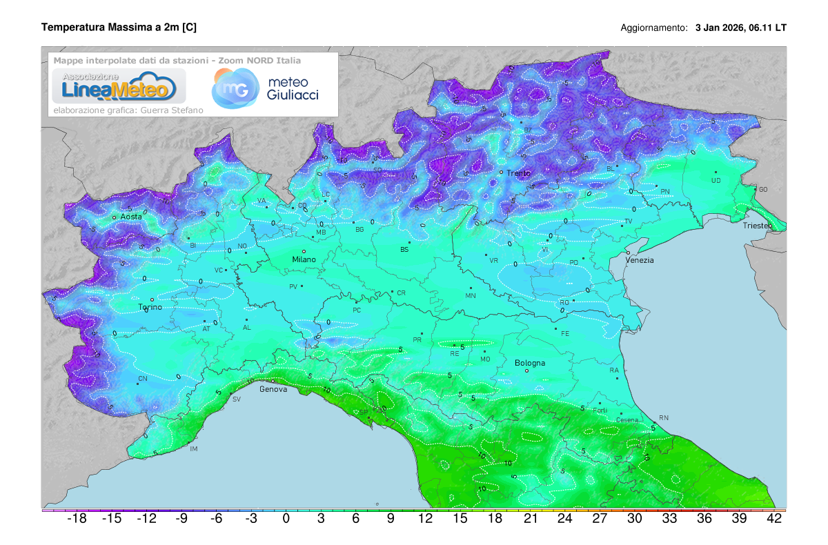 Temperature massime registrate oggi sulle regioni del nord