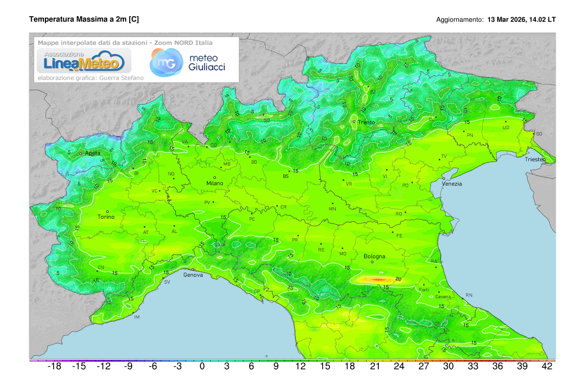Temperature massime registrate oggi sulle regioni del nord