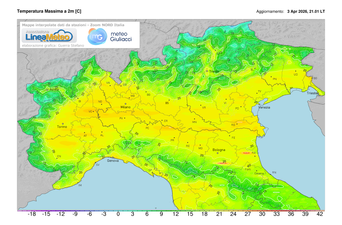 Temperature massime registrate oggi sulle regioni del nord