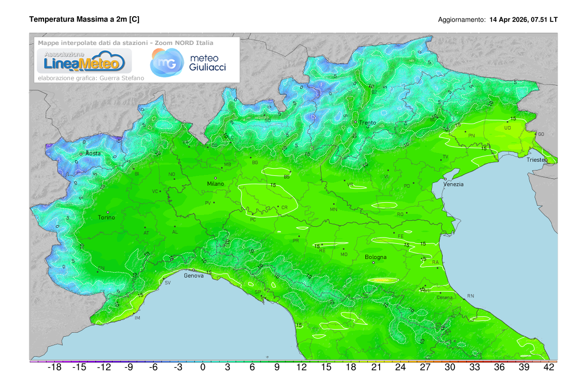Temperature massime registrate oggi sulle regioni del nord