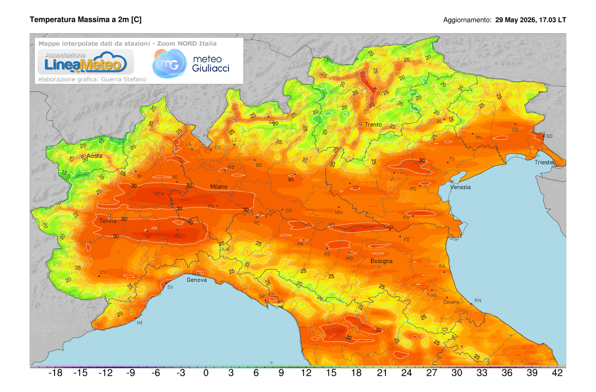 Temperature massime registrate oggi sulle regioni del nord