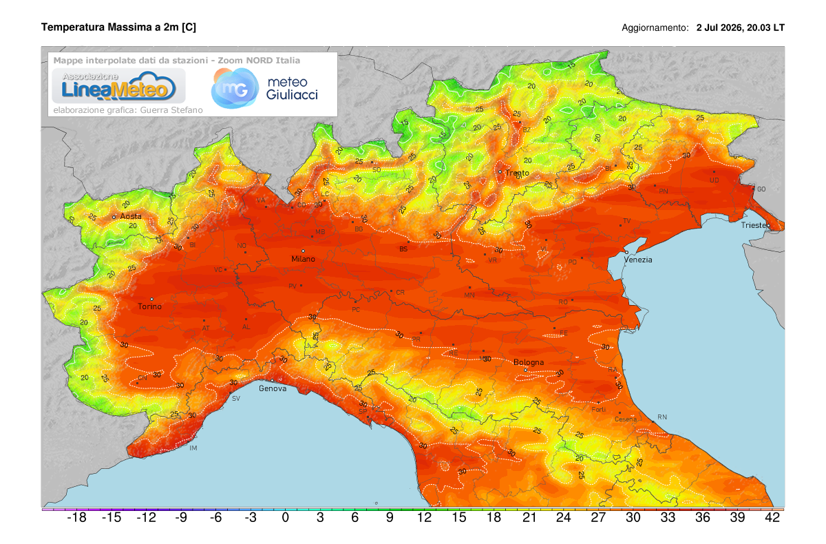 Temperature massime registrate oggi sulle regioni del nord