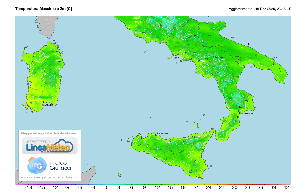 Temperature massime registrate oggi sulle regioni del sud