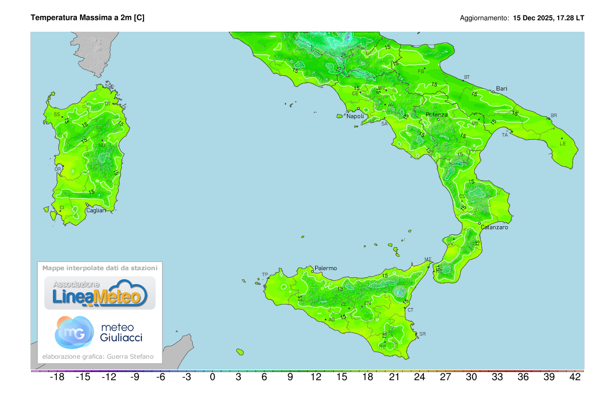 Temperature massime registrate oggi sulle regioni del sud