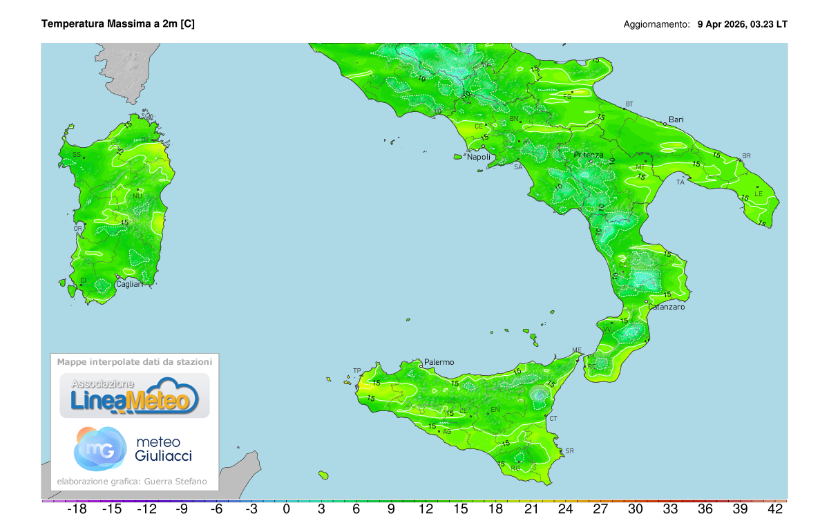 Temperature massime registrate oggi sulle regioni del sud