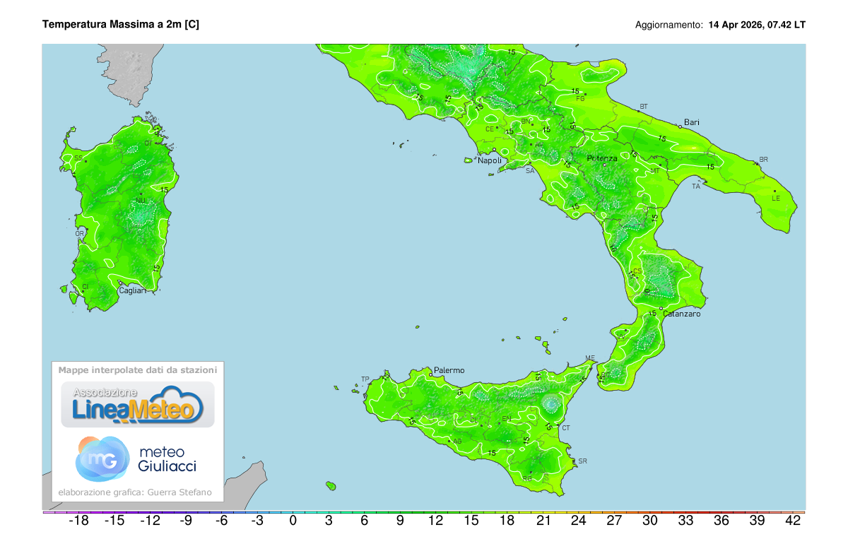 Temperature massime registrate oggi sulle regioni del sud