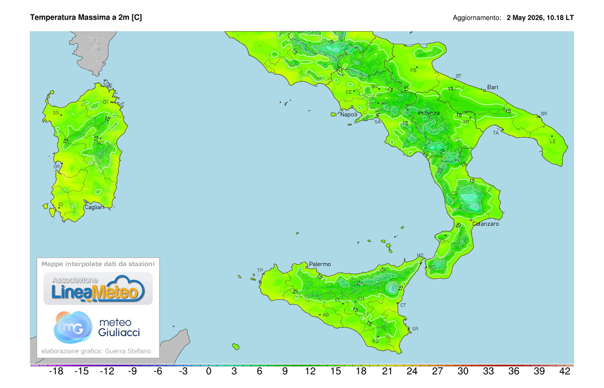 Temperature massime registrate oggi sulle regioni del sud