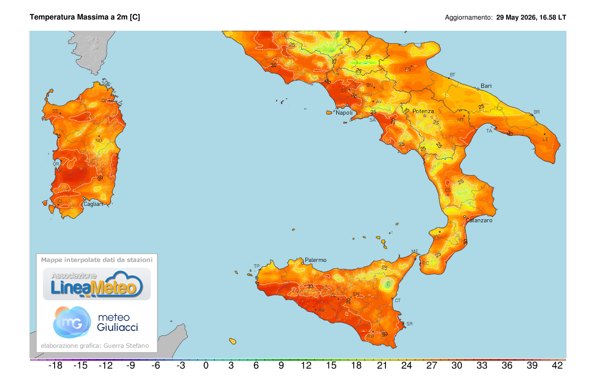 Temperature massime registrate oggi sulle regioni del sud
