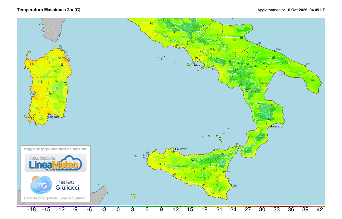 Temperature massime registrate oggi sulle regioni del sud