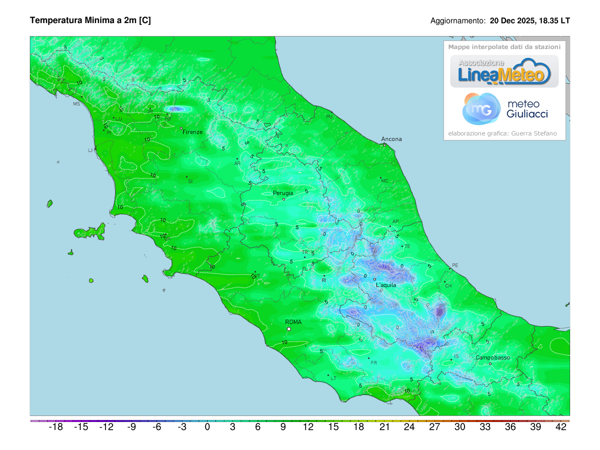 Temperature minime registrate oggi sulle regioni del centro