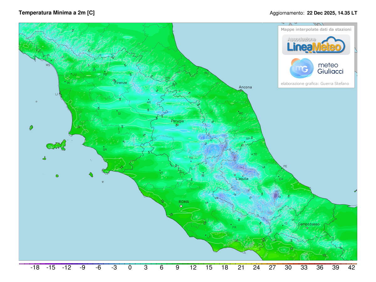 Temperature minime registrate oggi sulle regioni del centro