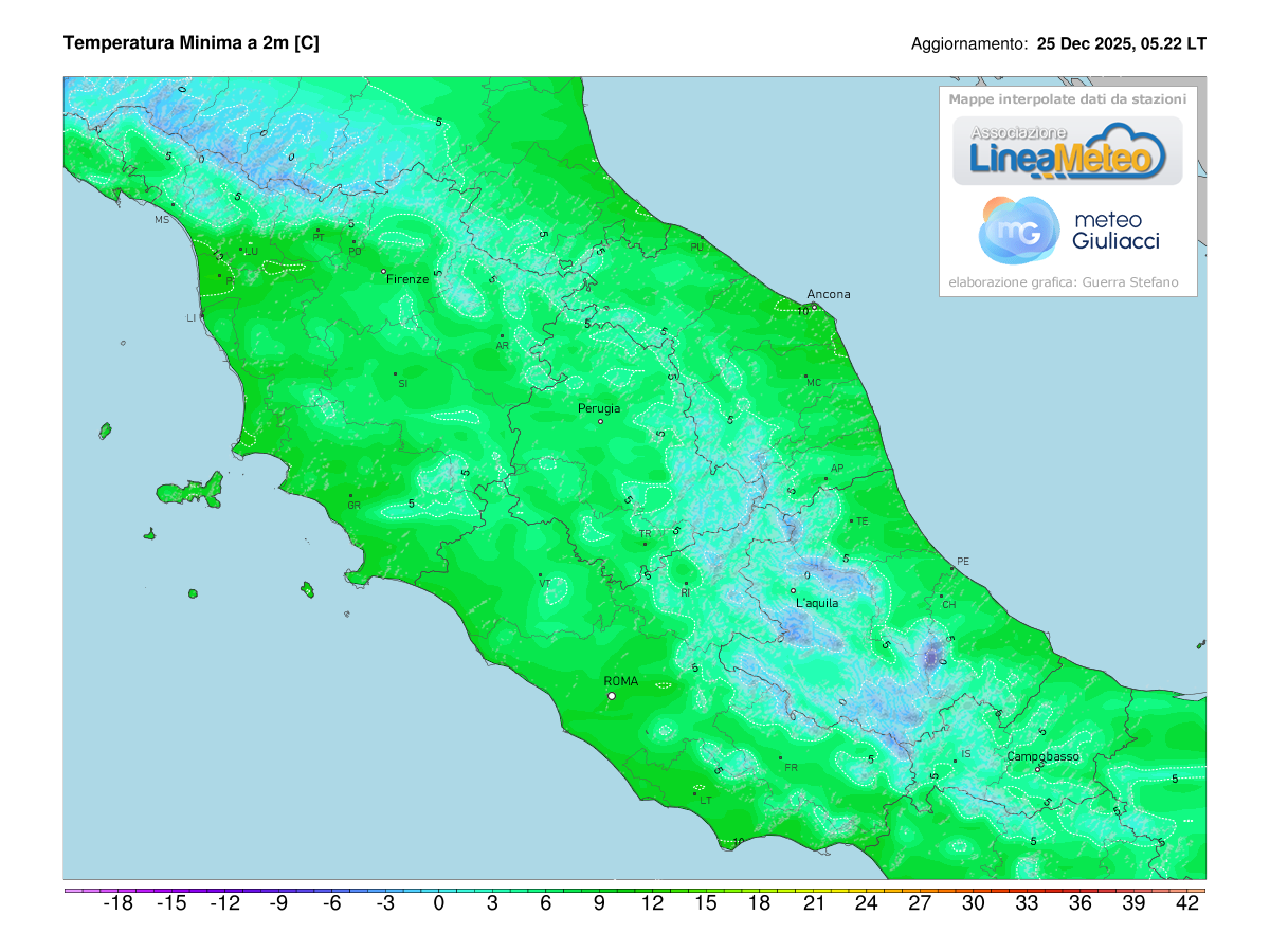 Temperature minime registrate oggi sulle regioni del centro